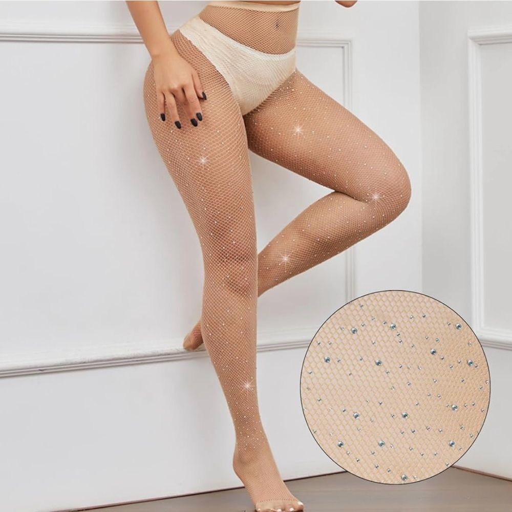 Rhinestone Nude Fishnet Stockings Tights Festival Rave Coachella Hosiery OneSize
